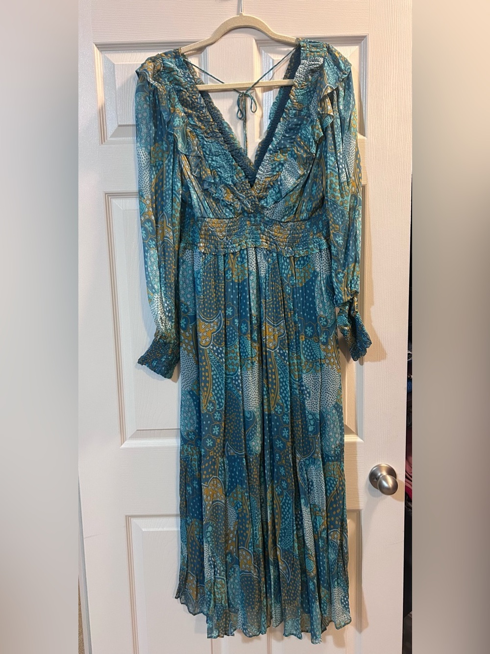 Anthropologie Teal and Mustard Paisley Ruffle Maxi Dress
